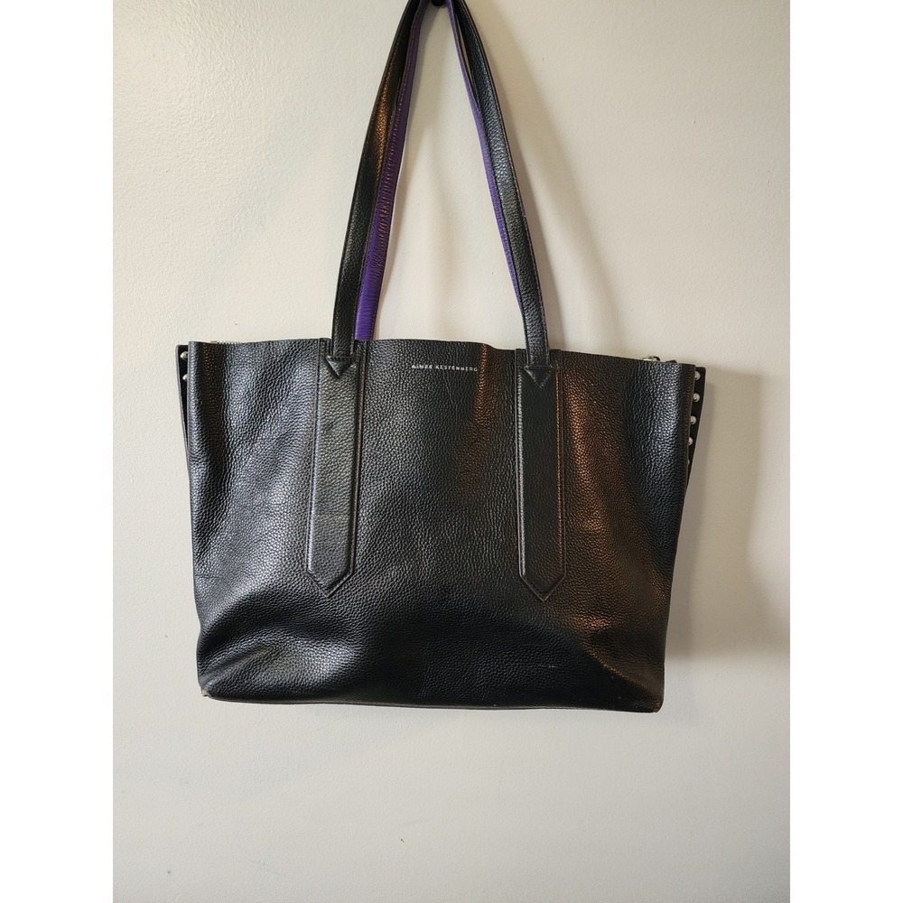 Aimee Kestenberg Black Pebbled Leather Tote Bag Purple Interior Studded Sides